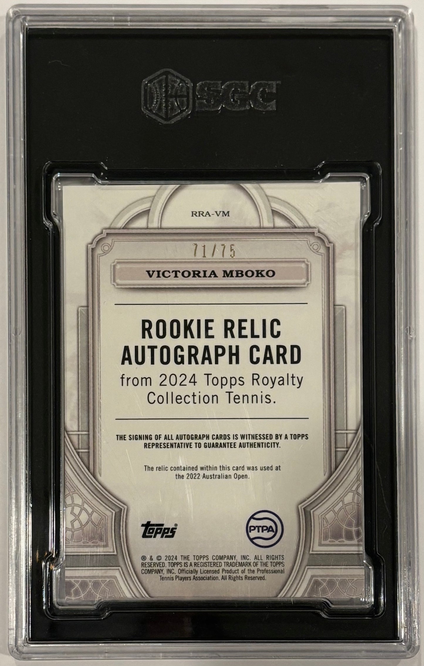 Victoria Mboko 2024 Topps Royalty Rookie Relic RPA /75 SGC Card 9 Auto 10!