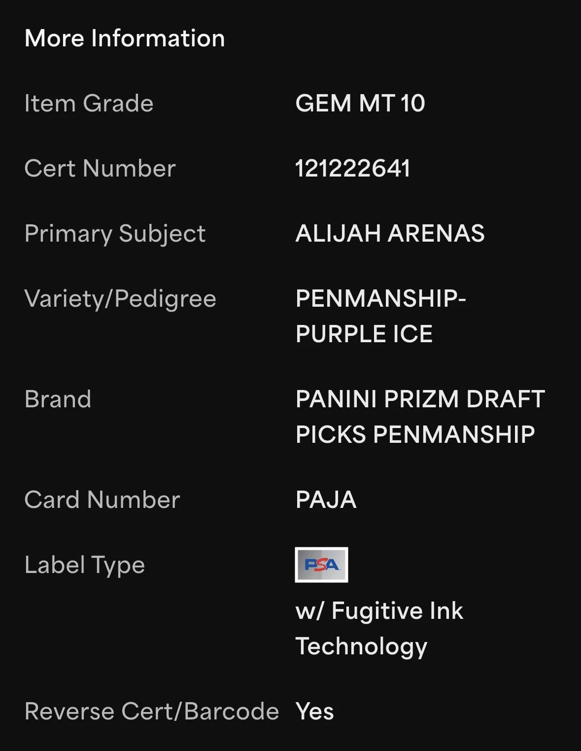 Alijah Arenas 2024 Panini Prizm Draft Picks Penmanship Purple Ice /99 RC Card PSA 10!