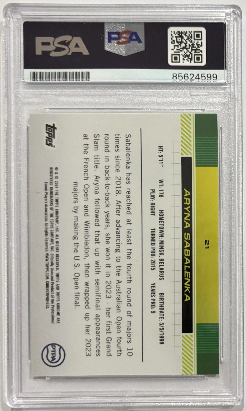 Aryna Sabalenka Autographed/Signed 2024 Topps Chrome Clay Court Refractor Card PSA!