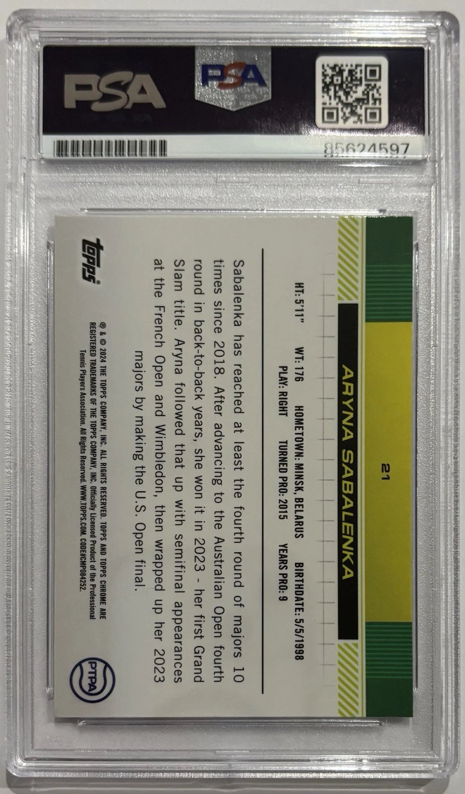 Aryna Sabalenka Autographed/Signed 2024 Topps Chrome Sapphire Card PSA!