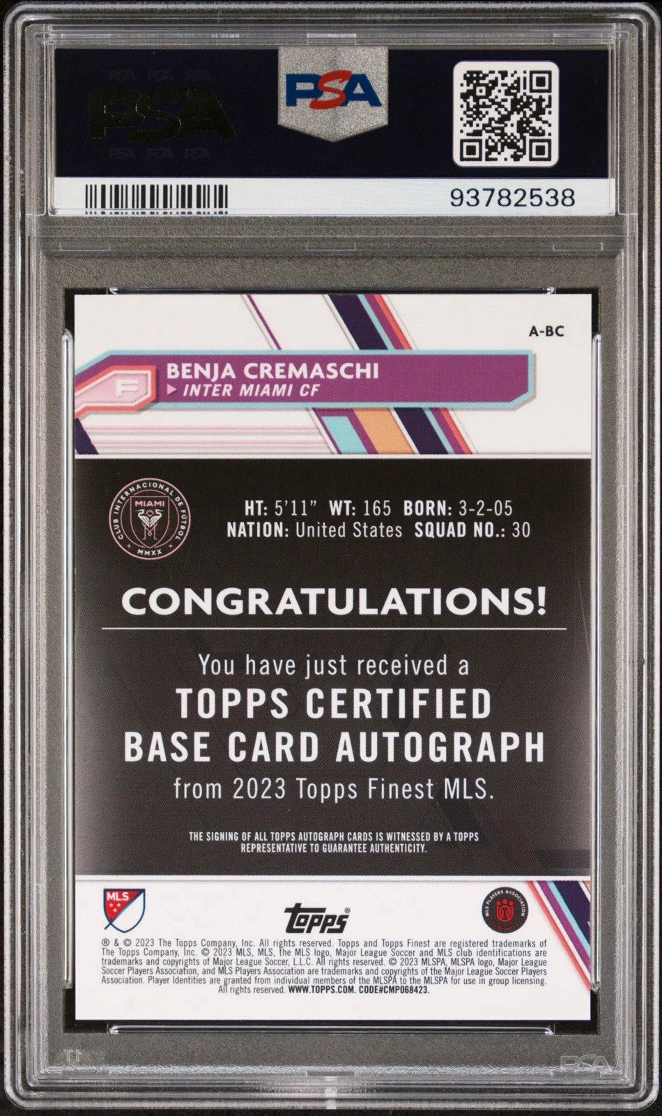 Benja Cremaschi 2023 Topps Finest MLS Aqua /75 Inter Miami RC Card Auto PSA 10!