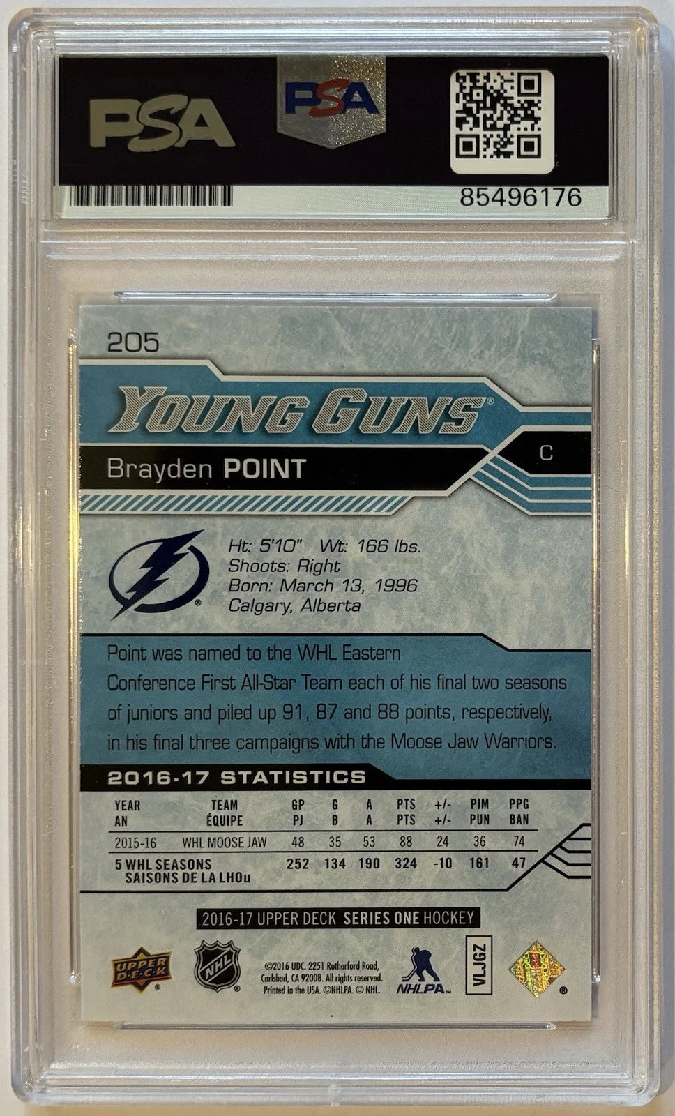 Brayden Point Autographed/Signed 2016-17 Upper Deck Young Guns RC Card PSA!