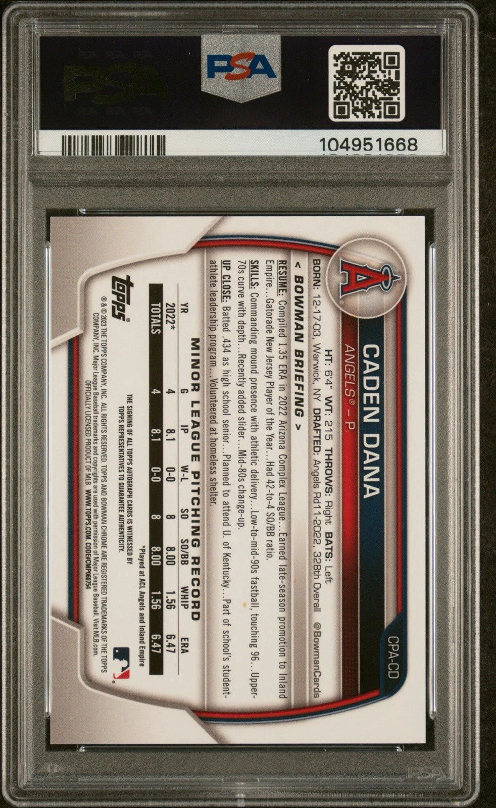 Caden Dana 2023 Bowman Chrome Green Shimmer Refractor /99 1st Auto PSA 8!