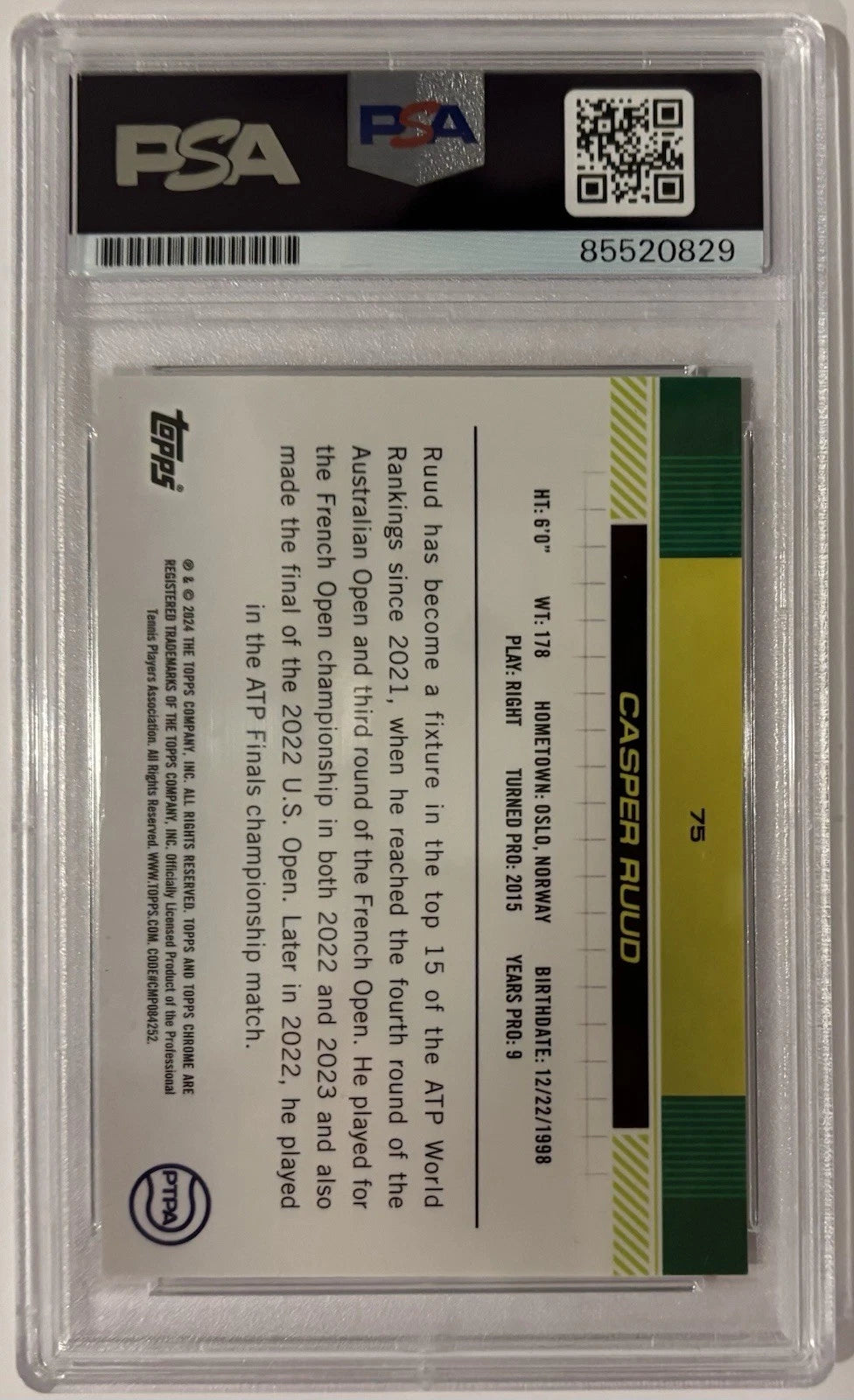 Casper Ruud Autographed/Signed 2024 Topps Chrome Green Cracked Ice /125 1st Card PSA!