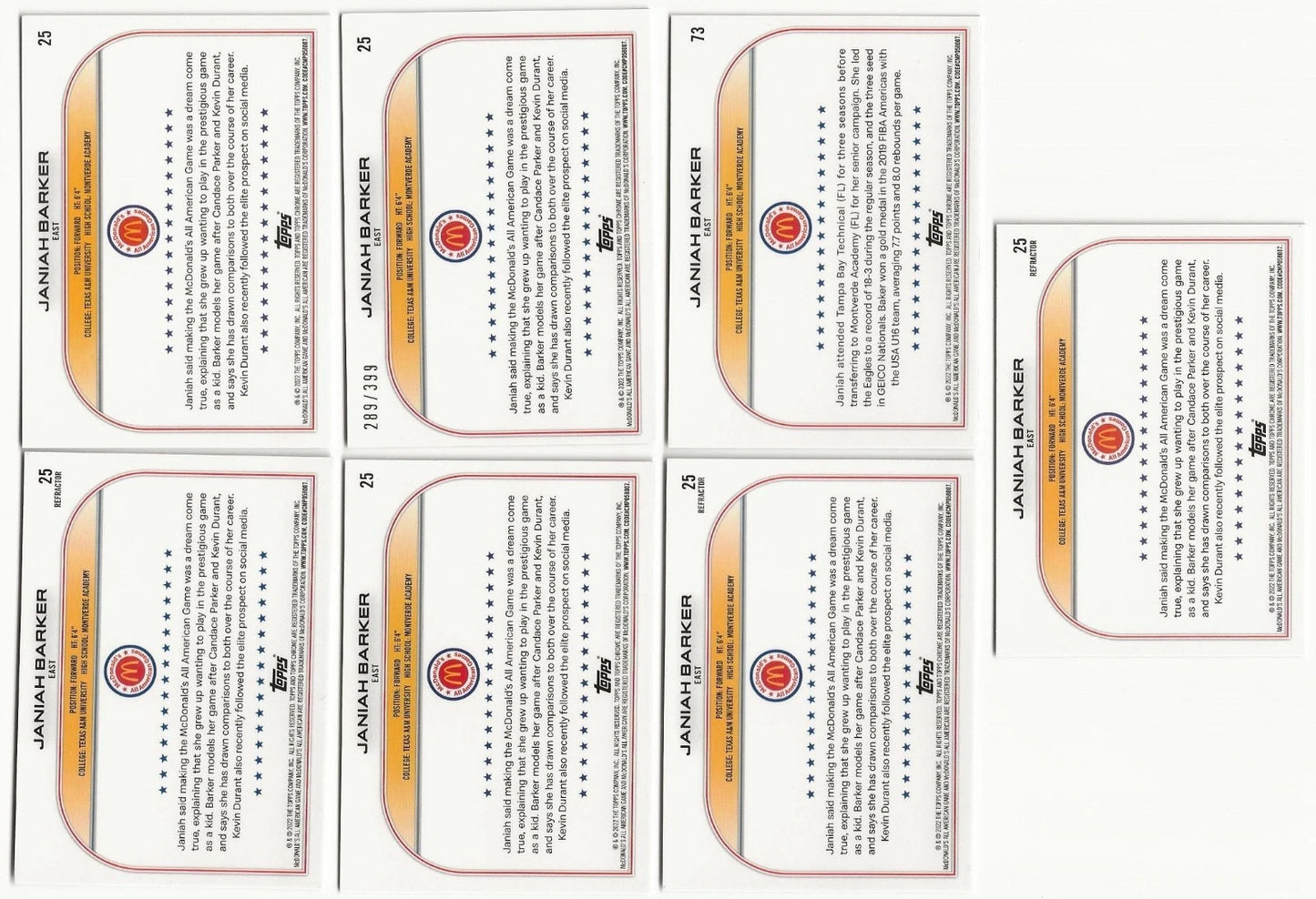 LOT Of 7 Janiah Barker Signed Pre-Rookie Cards: 2022 Topps Chrome McDonald's Refractors