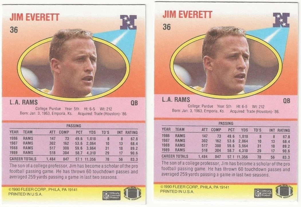 Lot Of 2 Jim Everett Autographed/Signed 1990 Fleer Cards Los Angeles Rams!