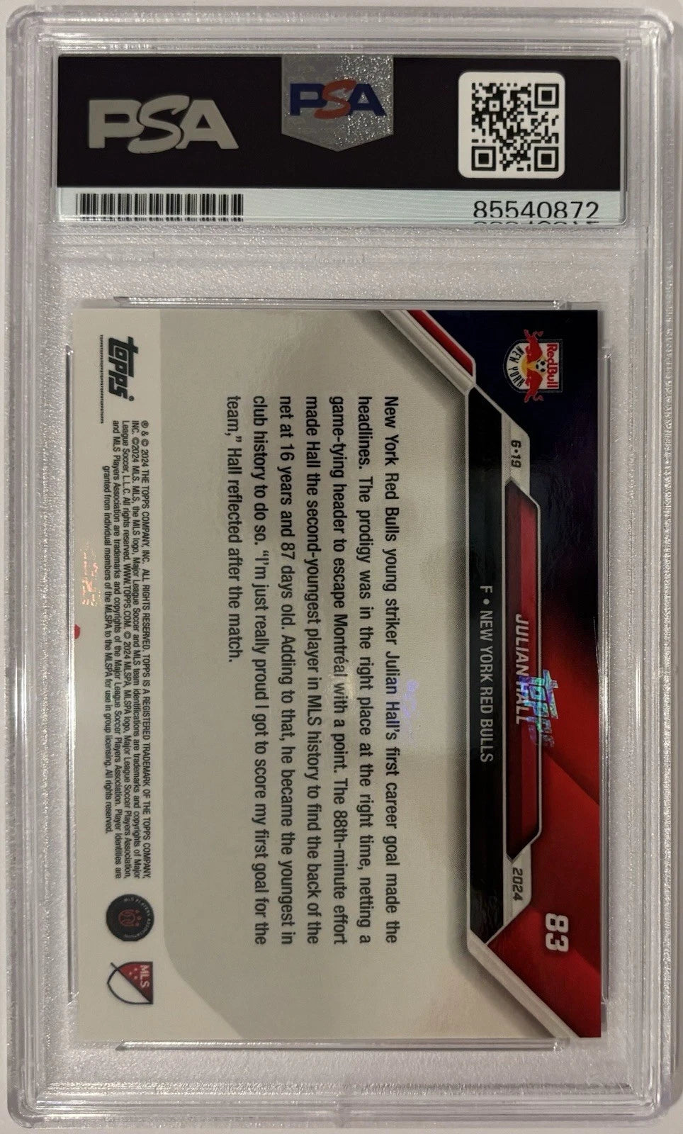 Julian Hall Autographed/Signed 2024 MLS Topps Now New York Red Bulls RC Card PSA!