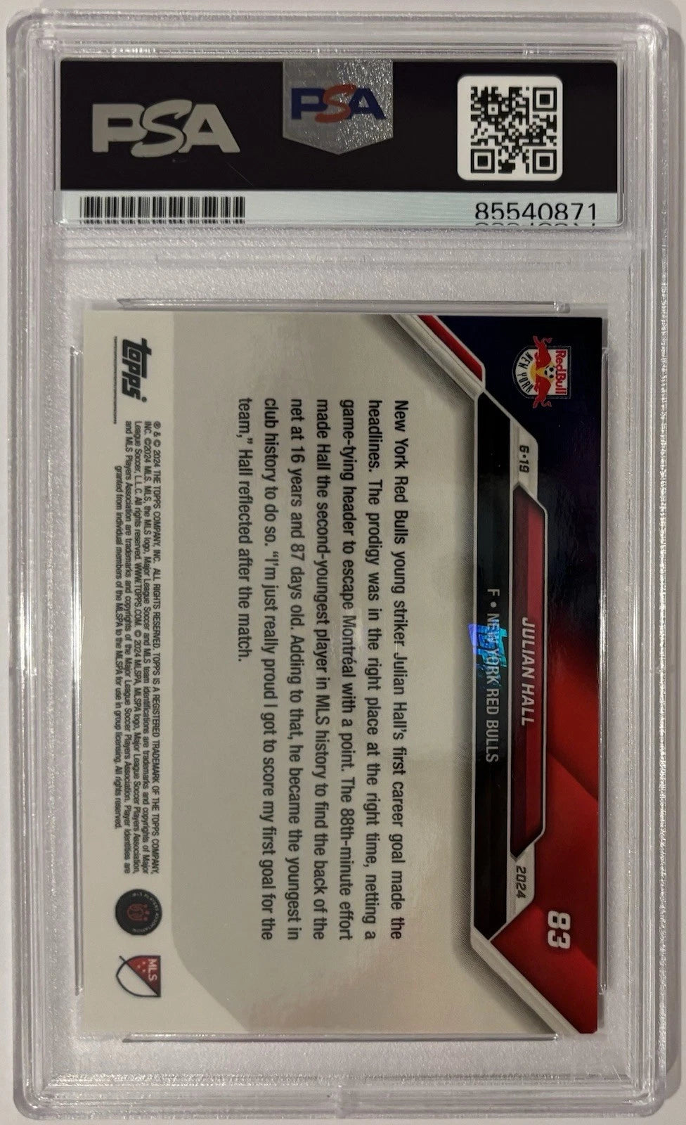 Julian Hall Autographed/Signed 2024 MLS Topps Now New York Red Bulls RC Card PSA!