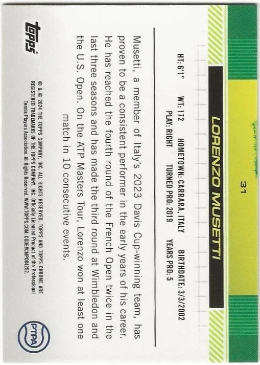 Lorenzo Musetti Autographed/Signed 2024 Topps Chrome Prism Refractor 1st Card!