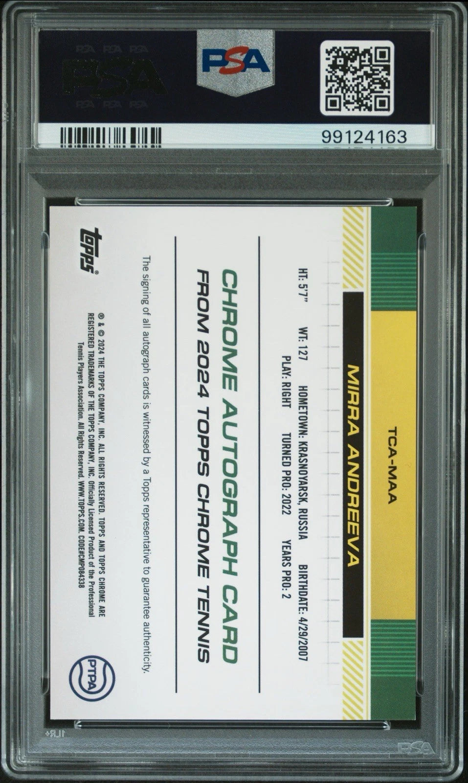 Mirra Andreeva 2024 Topps Chrome Tennis Green Grass Court Refractor /99 Auto RC Card PSA 9!