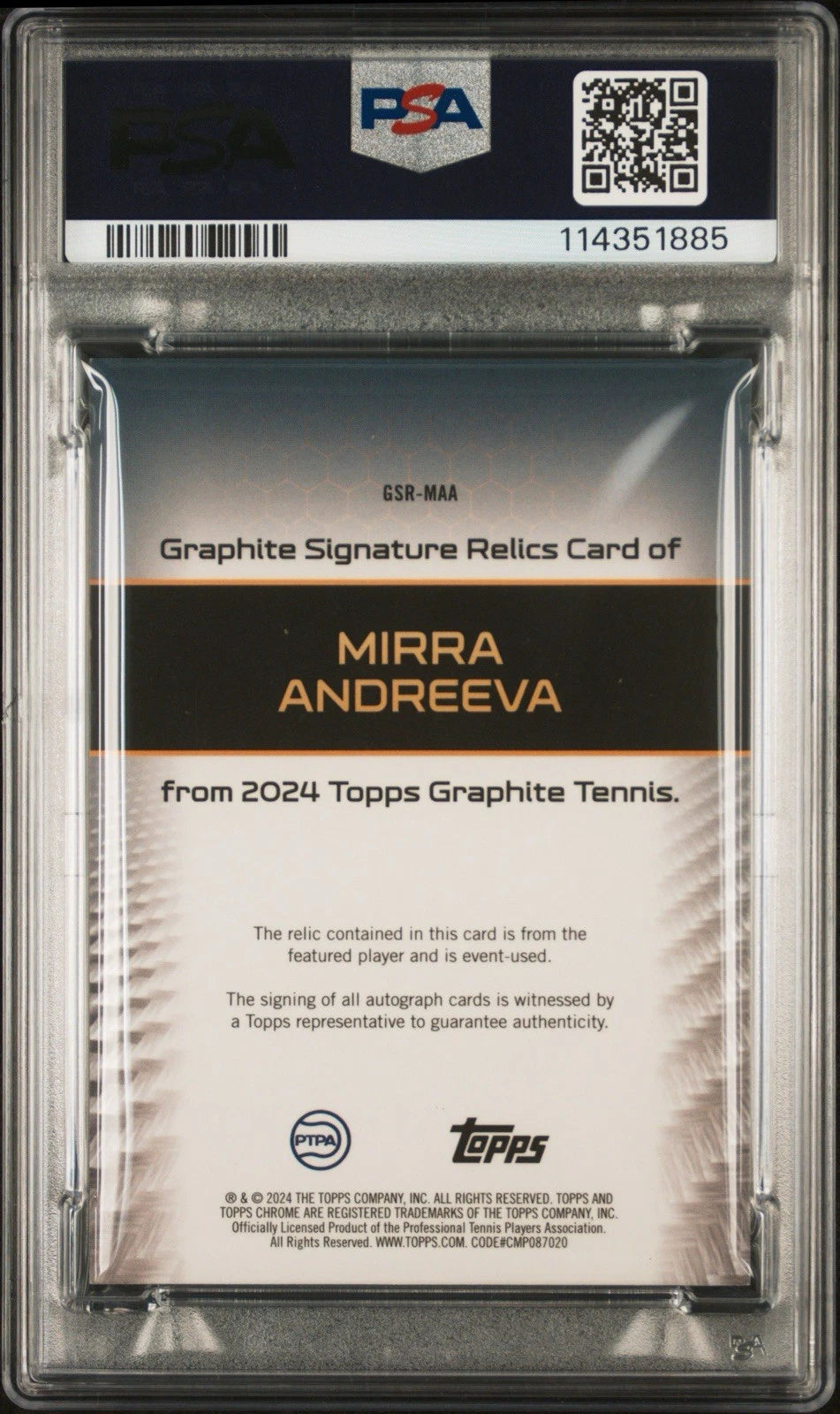 Mirra Andreeva 2024 Topps Graphite RC RPA Auto Relic PSA 9 Auto 10!