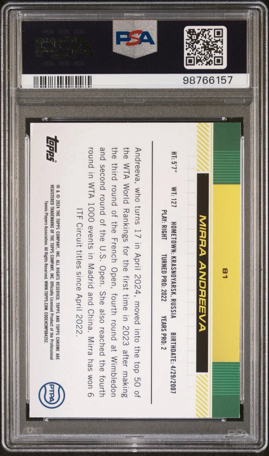 Mirra Andreeva 2024 Topps Chrome Sapphire Tennis RC Rookie Card PSA 10!