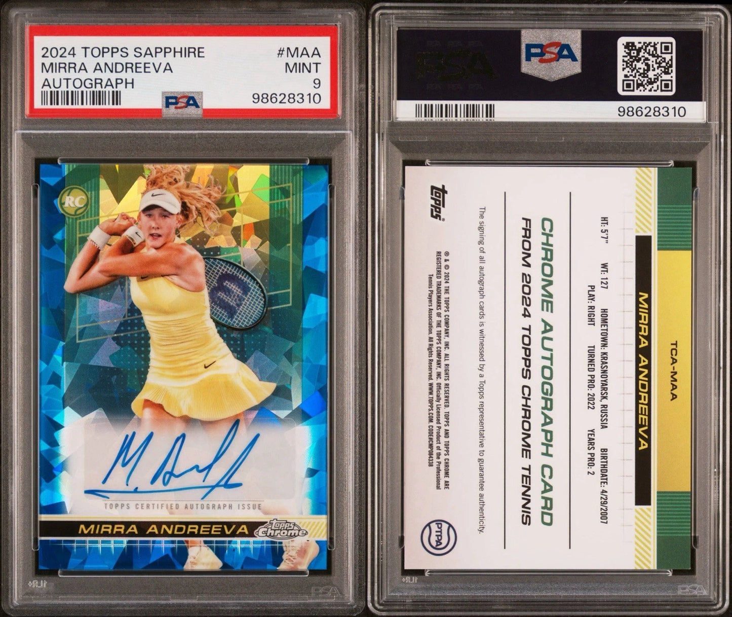 Mirra Andreeva 2024 Topps Chrome Sapphire Tennis RC Card Auto PSA 9!