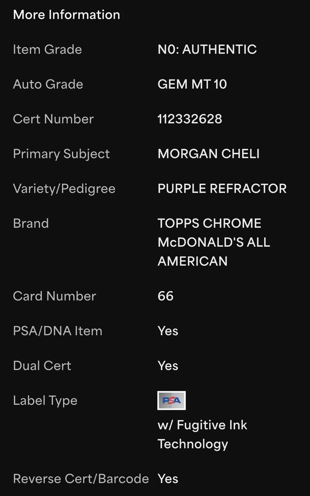 Morgan Cheli Autographed/Signed 2024 Topps Chrome McDonald's All-American Purple Refractor /150 PSA 10 Auto!