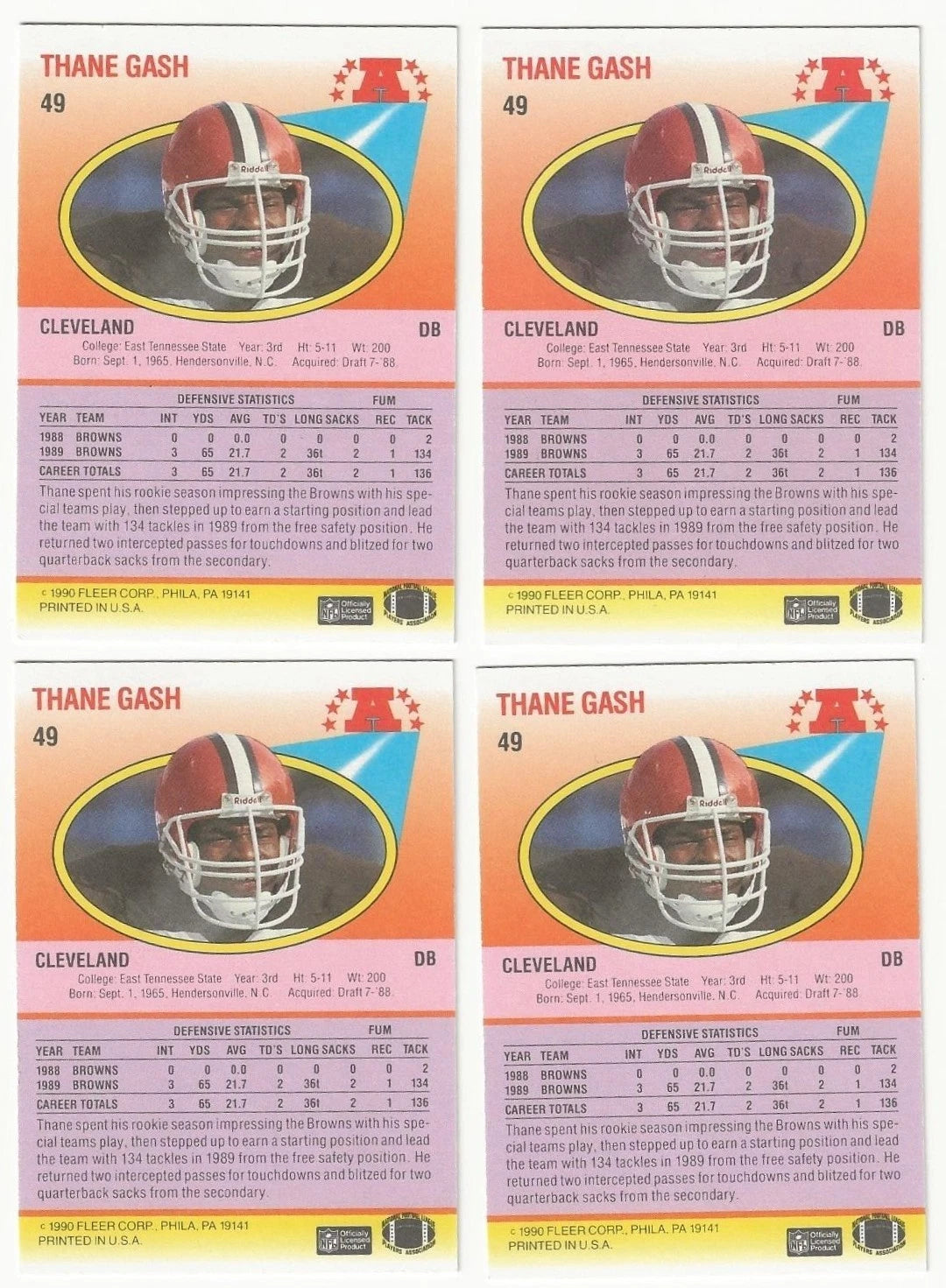 LOT Of 4 Thane Gash Autographed/Signed 1990 Fleer NFL Cards Cleveland Browns!