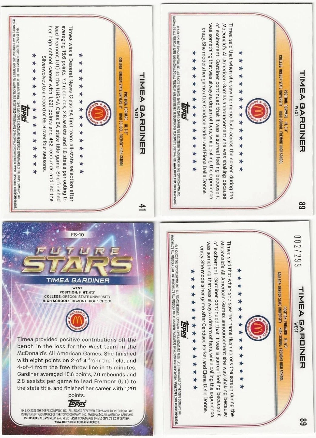 LOT Of 4 Timea Gardiner Autographed/Signed 2022 Topps Chrome McDonald's All-America Cards!