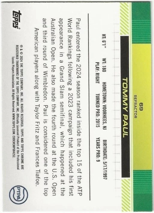 Tommy Paul Autographed/Signed 2024 Topps Chrome Refractor 1st Card!