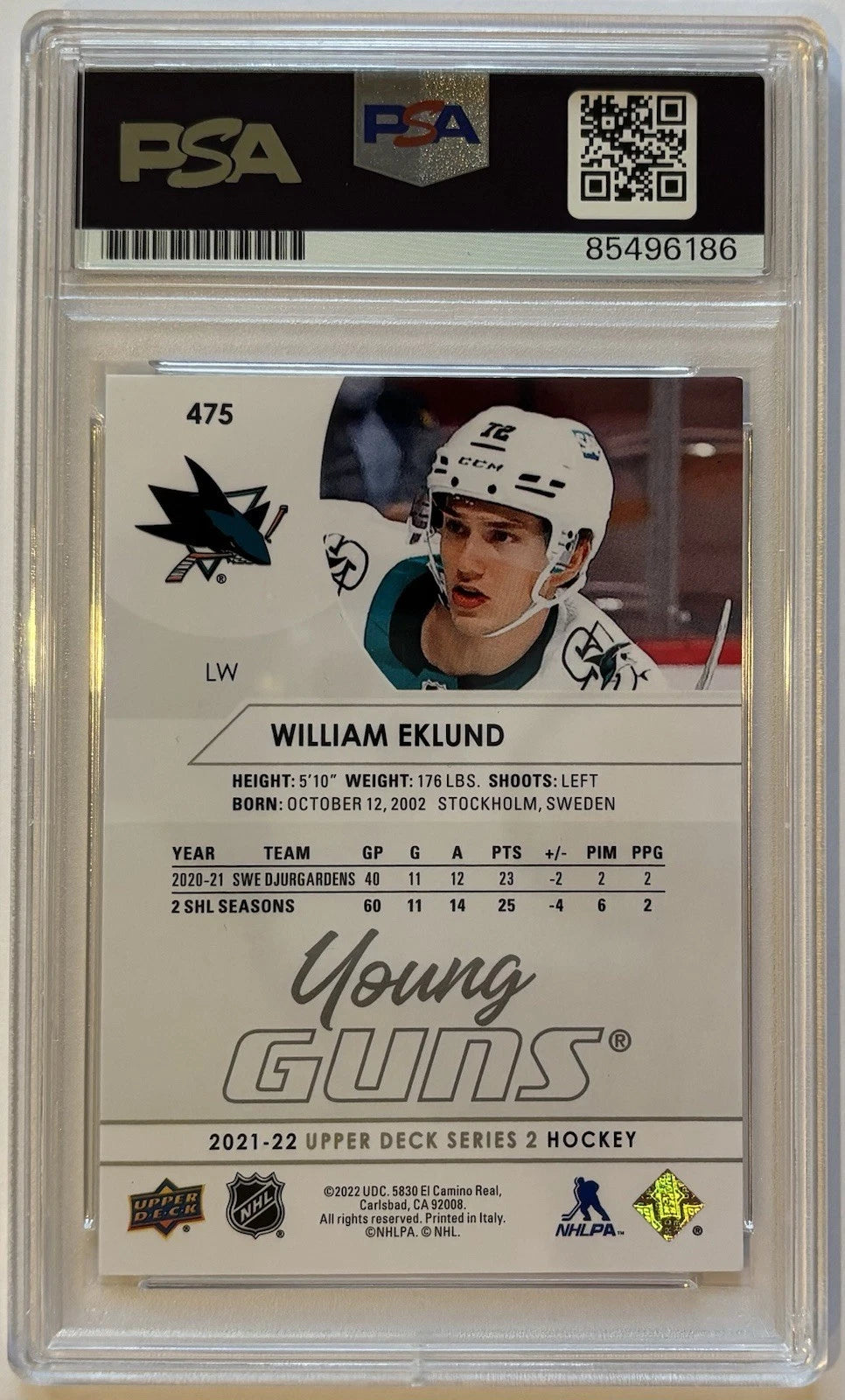 William Eklund Autographed/Signed 2021-22 Upper Deck Young Guns RC Card PSA!
