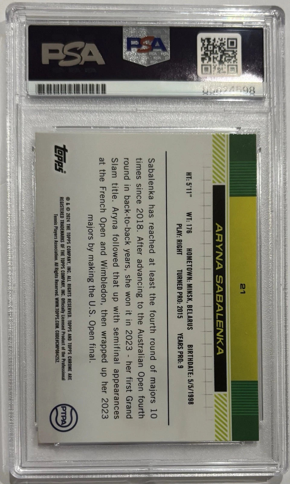 Aryna Sabalenka Autographed/Signed 2024 Topps Chrome Prism Refractor Card PSA!