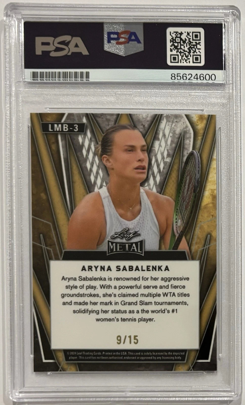 Aryna Sabalenka Autographed/Signed 2024 Leaf Blue Refractor /15 Press Pass Premium Card PSA!