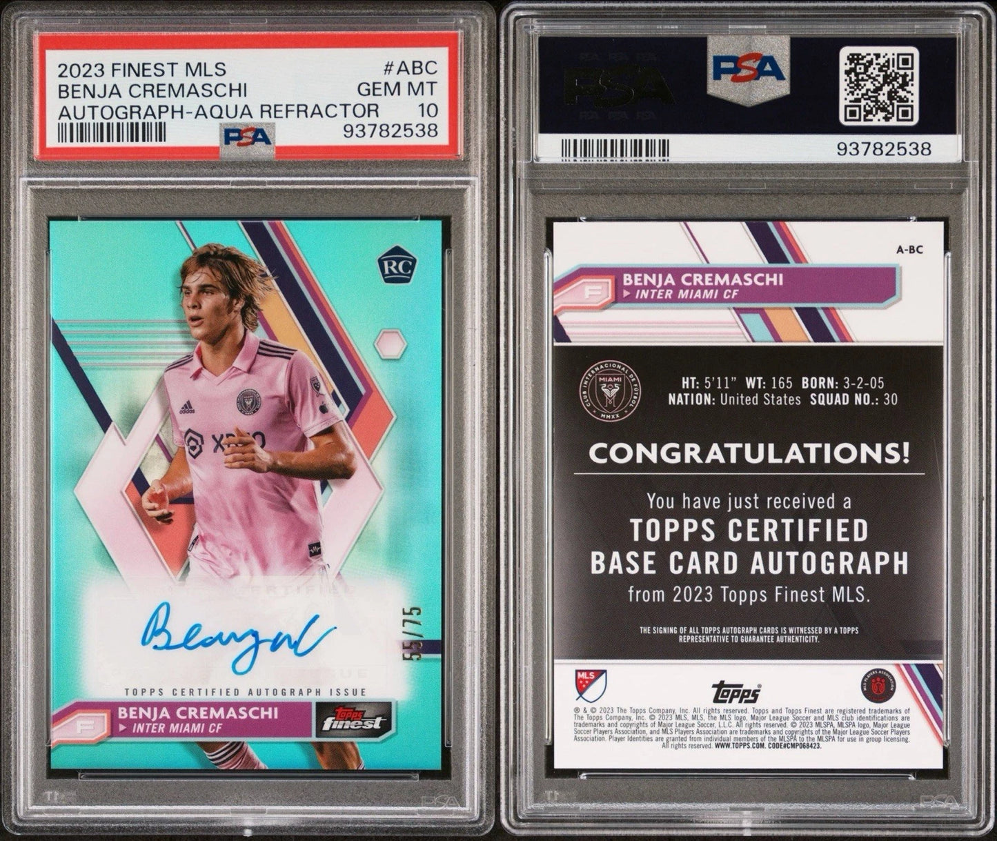 Benja Cremaschi 2023 Topps Finest MLS Aqua /75 Inter Miami RC Card Auto PSA 10!