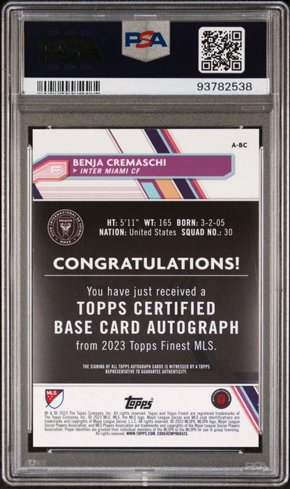 Benja Cremaschi 2023 Topps Finest MLS Aqua /75 Inter Miami RC Card Auto PSA 10!
