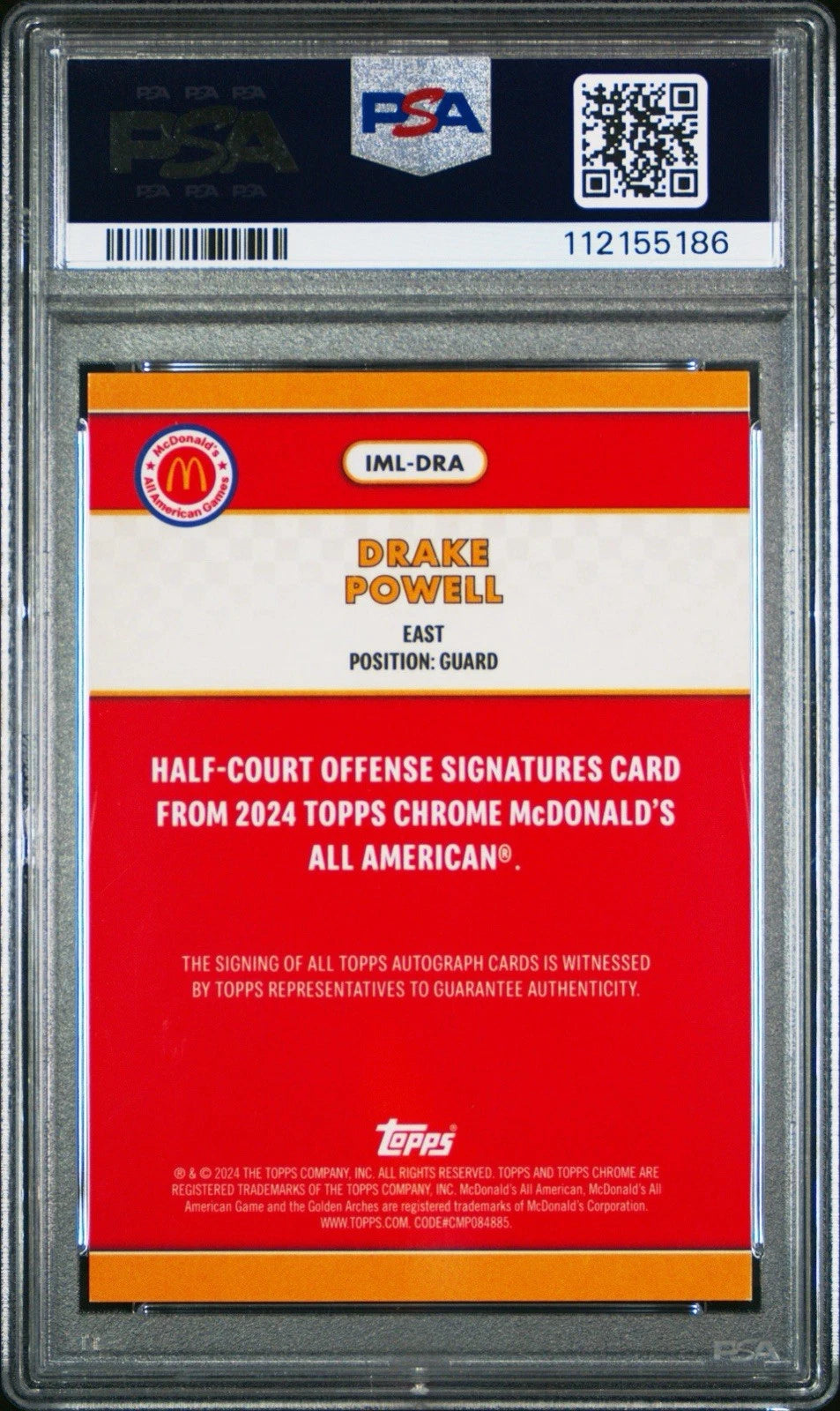 Drake Powell 2024 Topps Chrome McDonald's All-American Half-Court Offense Logo Refractor Auto /75 PSA 9!