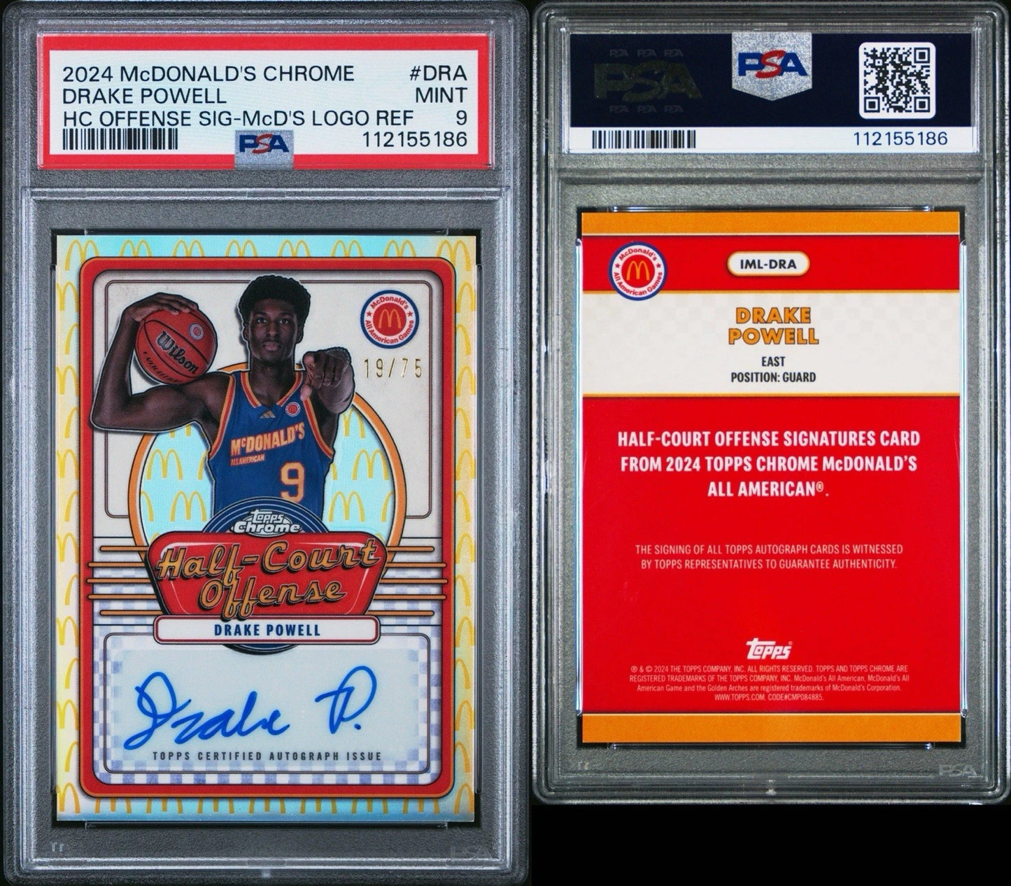 Drake Powell 2024 Topps Chrome McDonald's All-American Half-Court Offense Logo Refractor Auto /75 PSA 9!