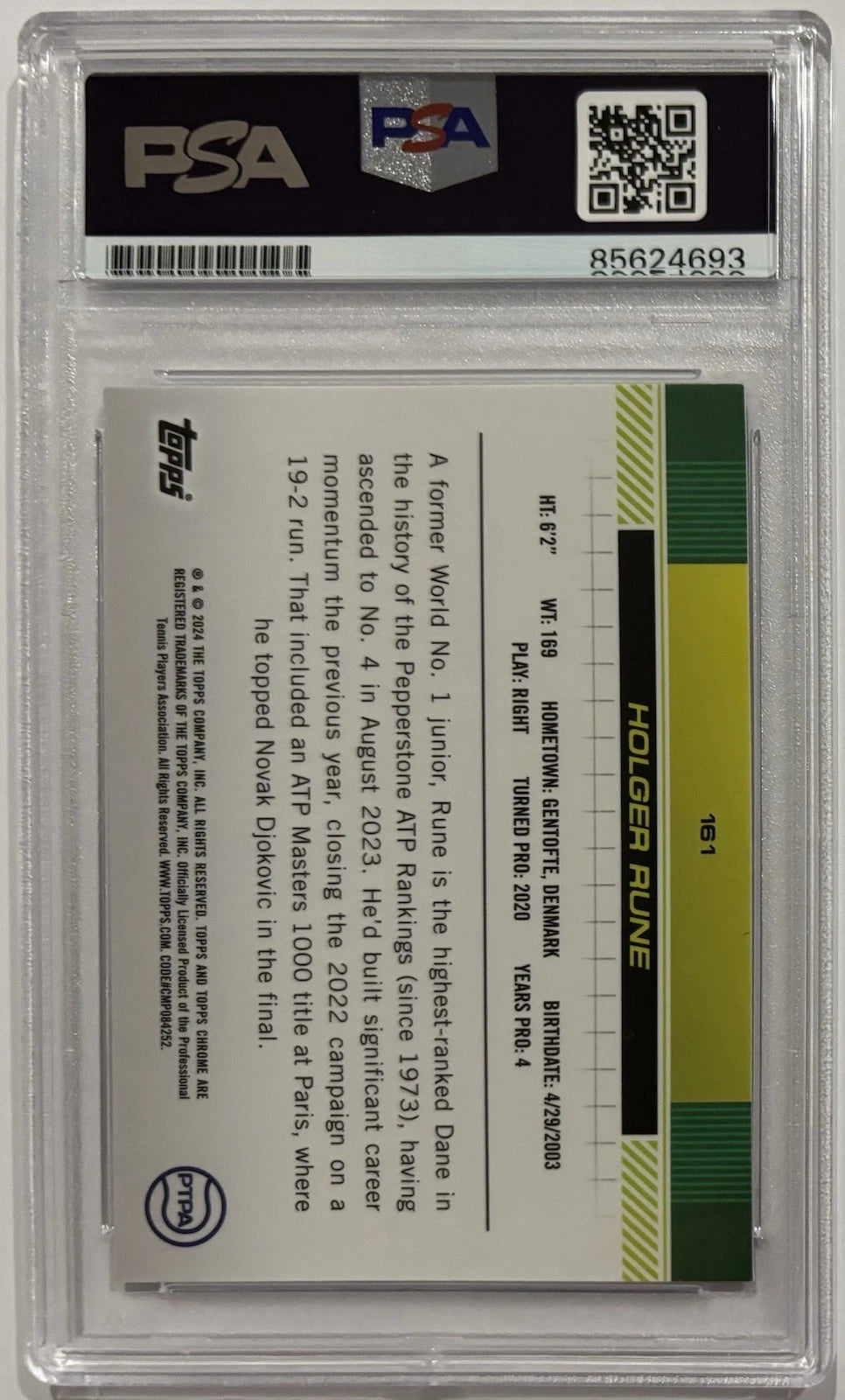 Holger Rune Autographed/Signed 2024 Topps Chrome 1st Card Purple Refractor /499 PSA