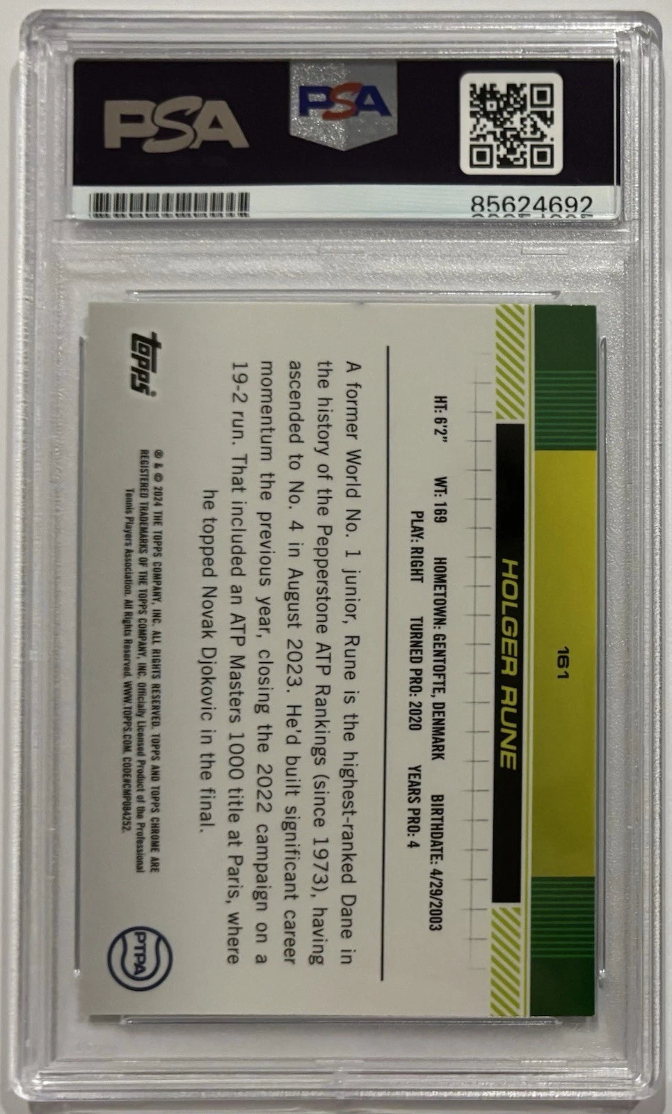 Holger Rune Autographed/Signed 2024 Topps Chrome 1st Card Aqua Refractor /399 PSA!