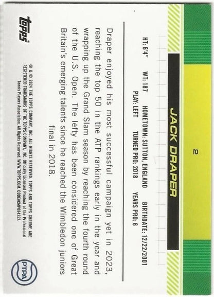 Jack Draper Autographed/Signed 2024 Topps Chrome 1st Card Negative Refractor Exact Proof!