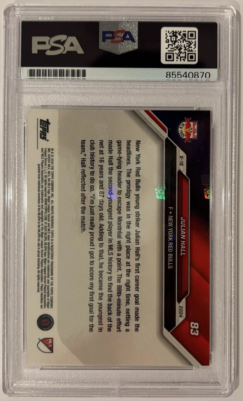 Julian Hall Autographed/Signed 2024 MLS Topps Now New York Red Bulls RC Card PSA!