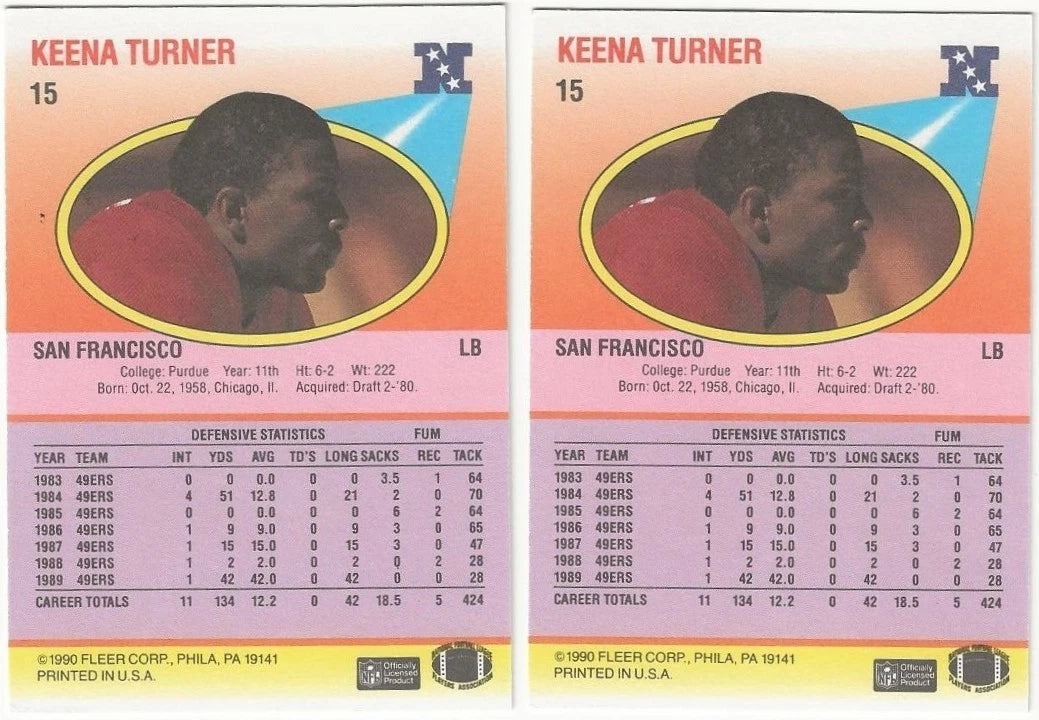LOT Of 2 Keena Turner Autographed/Signed 1990 Fleer NFL Cards San Francisco 49ers!