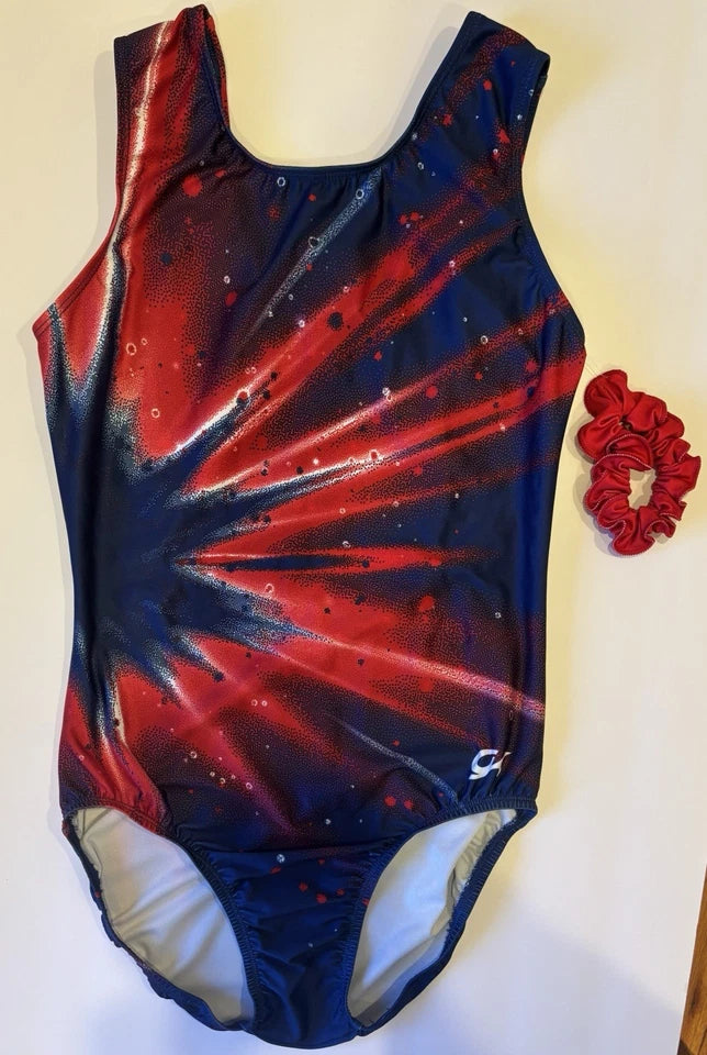 GK Elite Americana Tie Dye Leotard Adult Large American Red Blue Fireworks! (Unsigned)