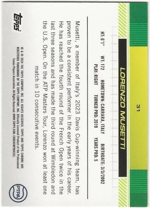 Lorenzo Musetti Autographed/Signed 2024 Topps Chrome Sapphire 1st Card!