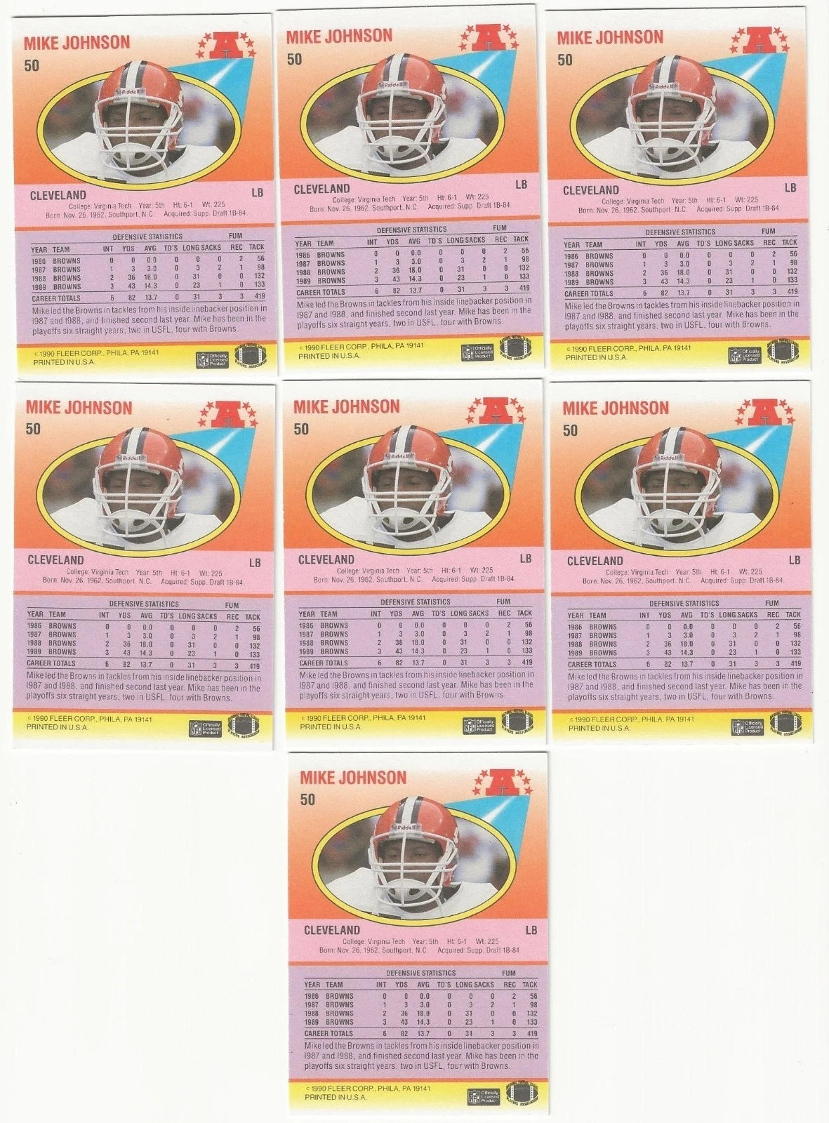 LOT Of 7 Mike Johnson Autographed/Signed 1990 Fleer NFL Cards Cleveland Browns!