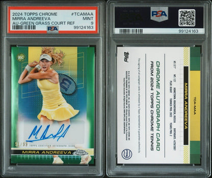 Mirra Andreeva 2024 Topps Chrome Tennis Green Grass Court Refractor /99 Auto RC Card PSA 9!