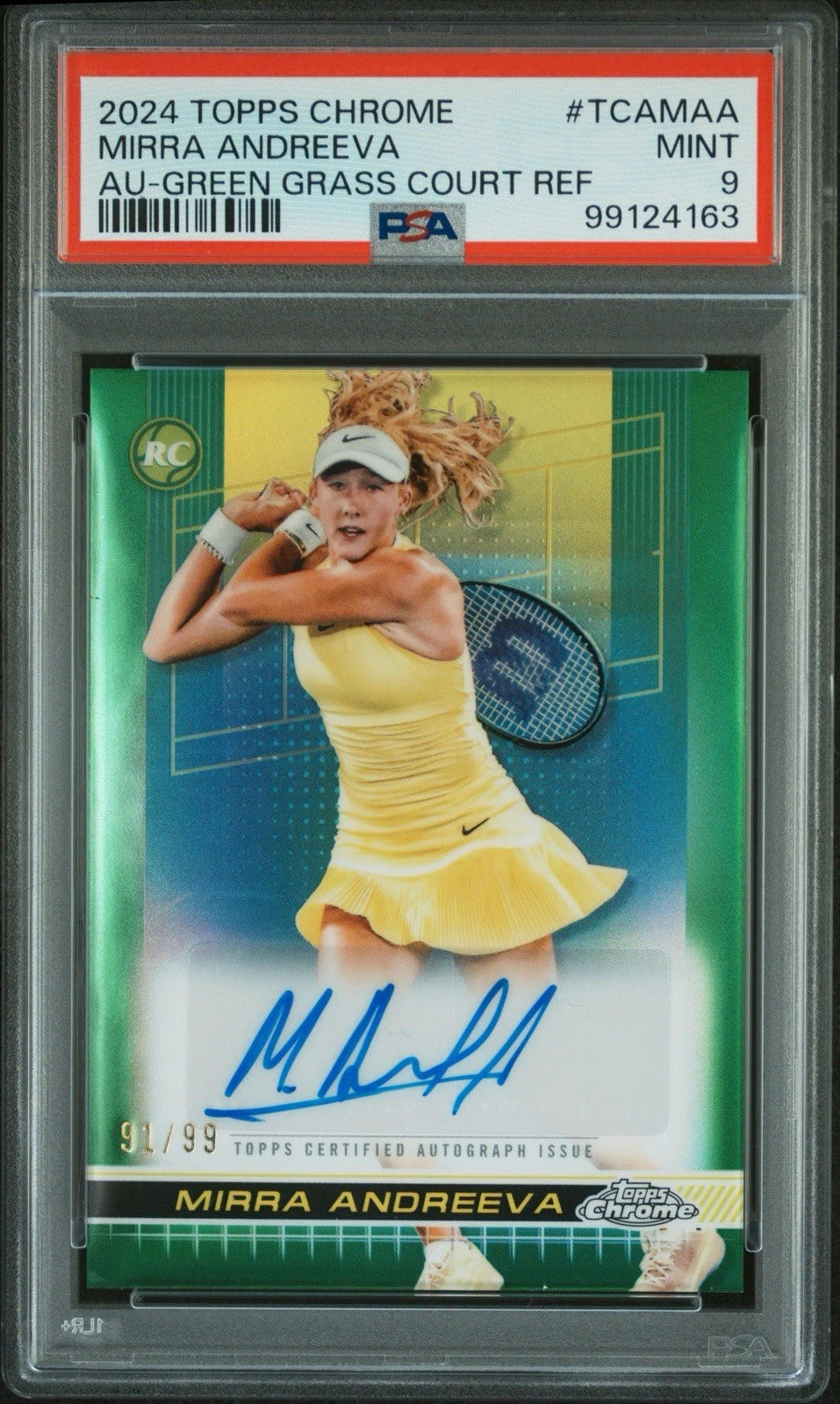 Mirra Andreeva 2024 Topps Chrome Tennis Green Grass Court Refractor /99 Auto RC Card PSA 9!