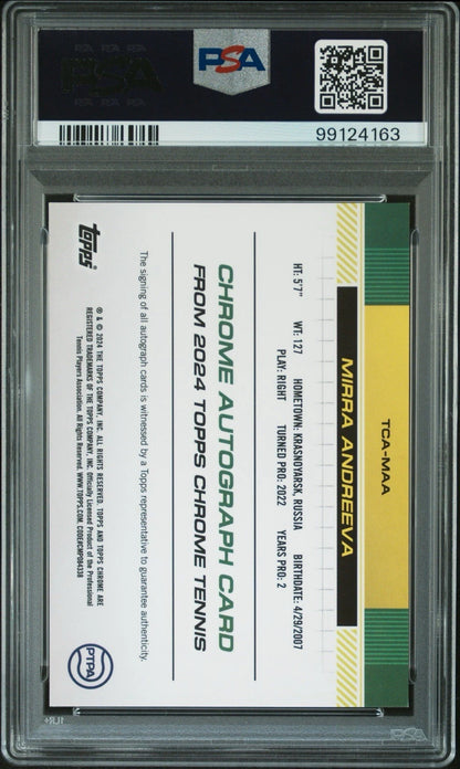 Mirra Andreeva 2024 Topps Chrome Tennis Green Grass Court Refractor /99 Auto RC Card PSA 9!