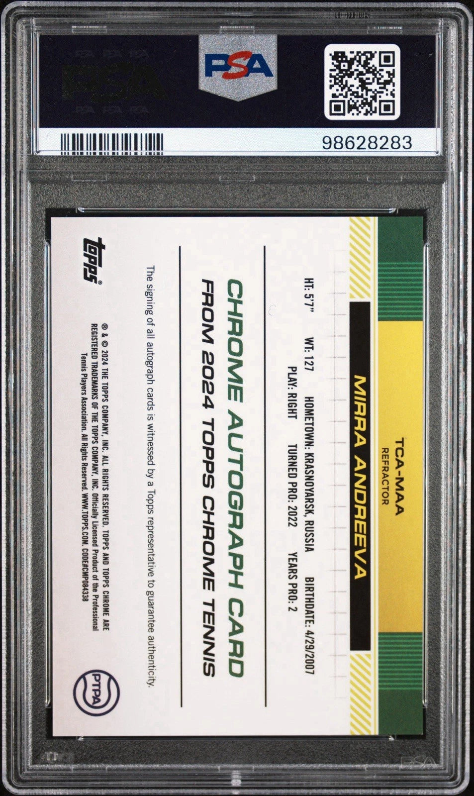 Mirra Andreeva 2024 Topps Chrome Tennis Auto RC Rookie Card Refractor /499 PSA 9!