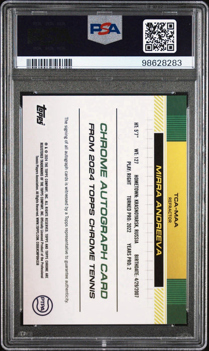 Mirra Andreeva 2024 Topps Chrome Tennis Auto RC Rookie Card Refractor /499 PSA 9!