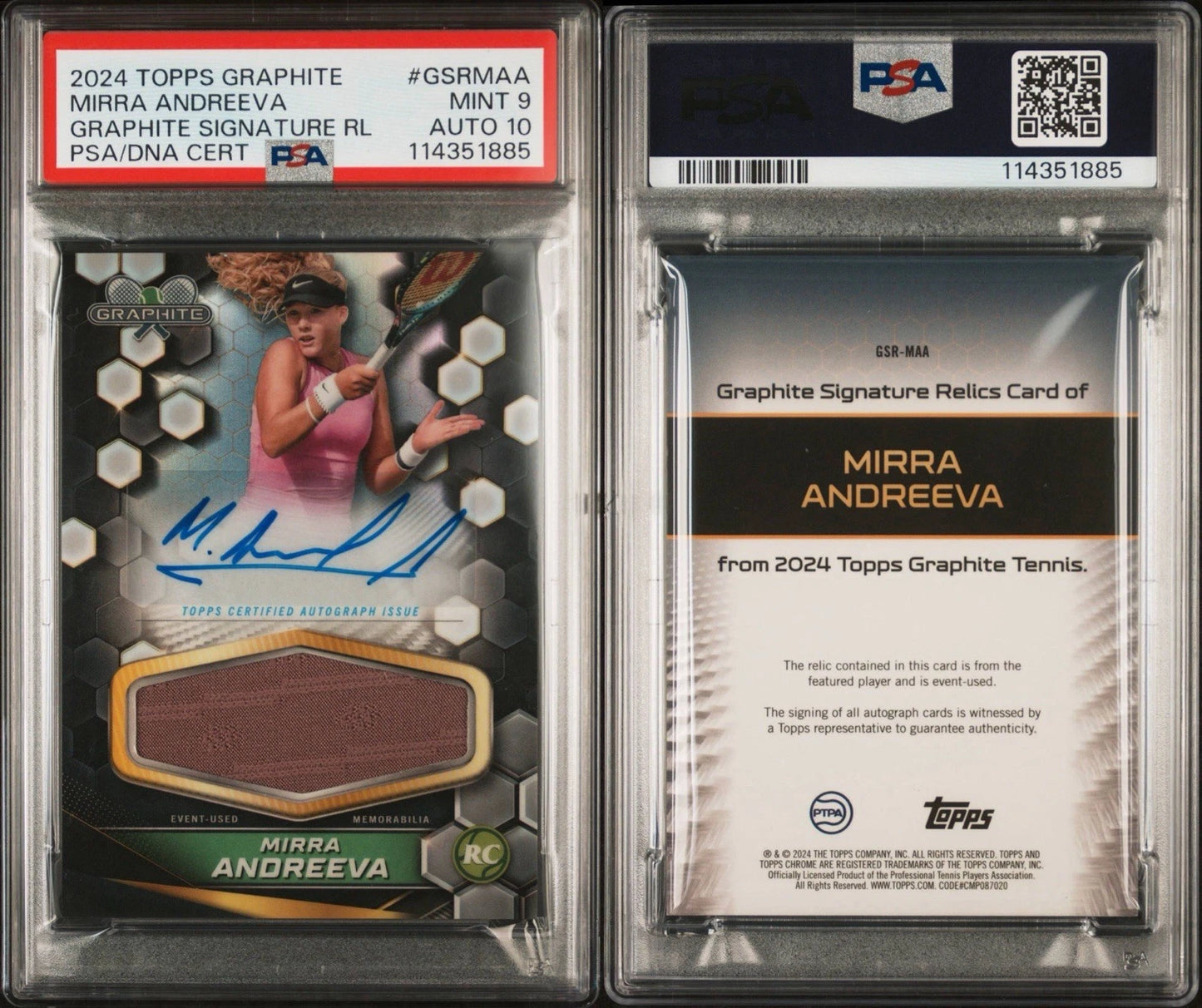 Mirra Andreeva 2024 Topps Graphite RC RPA Auto Relic PSA 9 Auto 10!