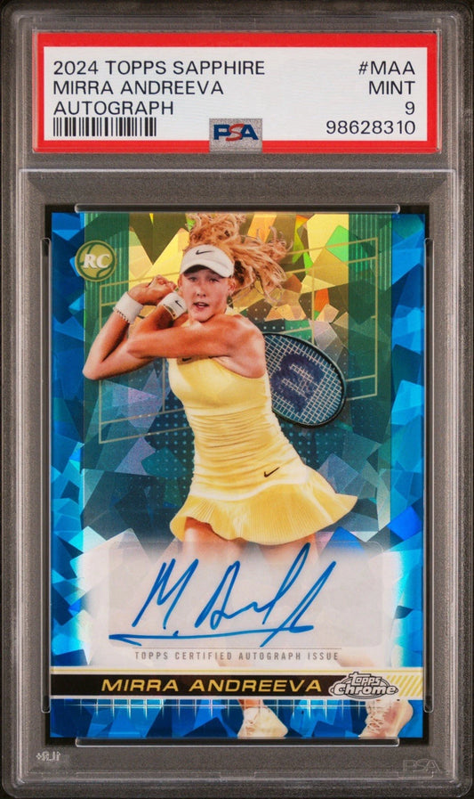 Mirra Andreeva 2024 Topps Chrome Sapphire Tennis RC Card Auto PSA 9!
