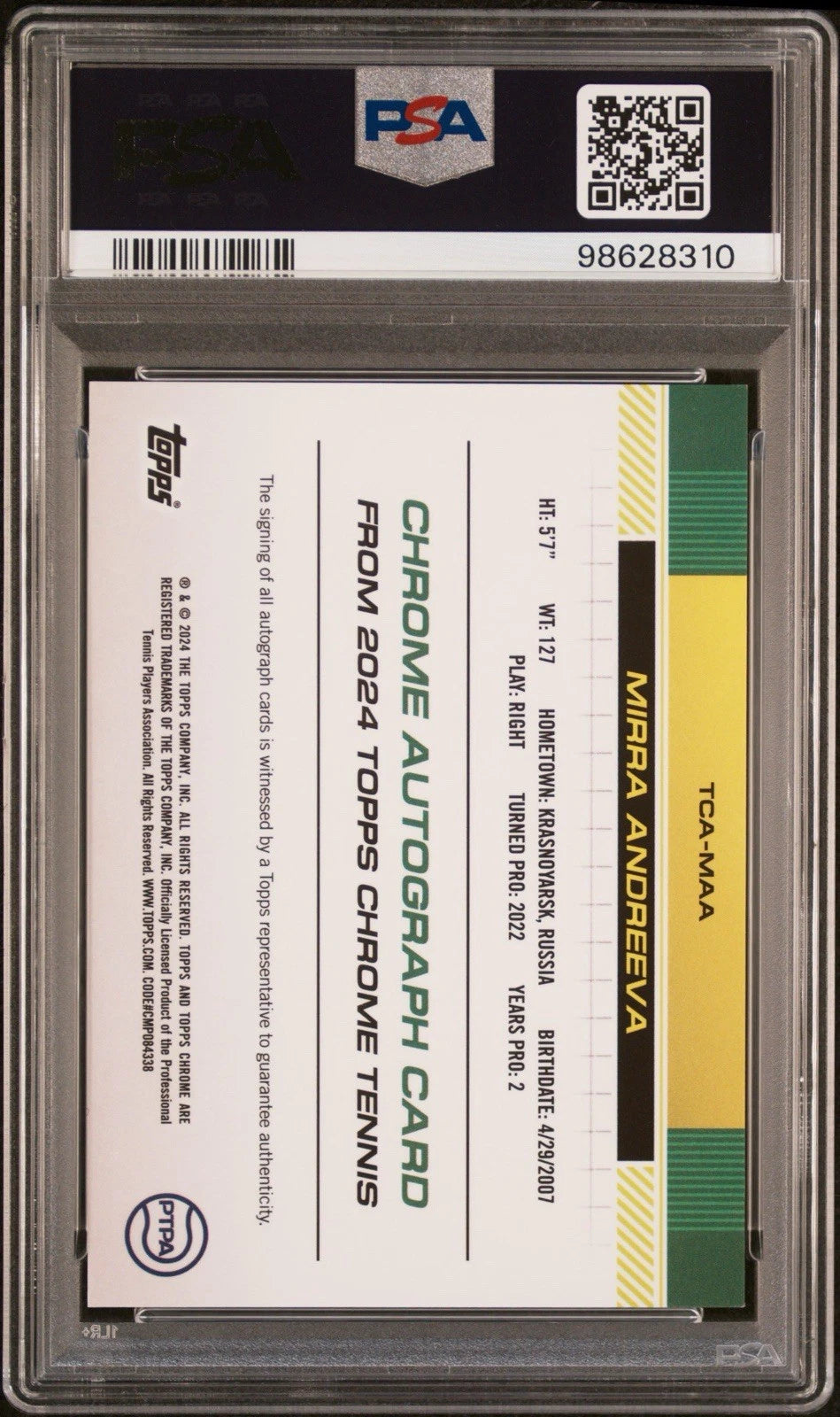 Mirra Andreeva 2024 Topps Chrome Sapphire Tennis RC Card Auto PSA 9!