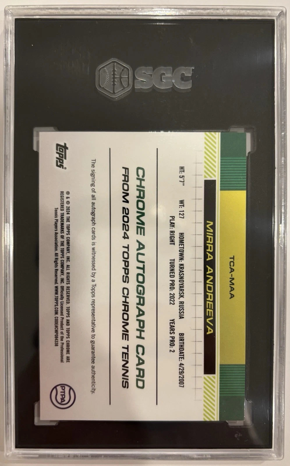 Mirra Andreeva 2024 Auto Topps Chrome Tennis RC Rookie Card SGC 10 Auto 10!