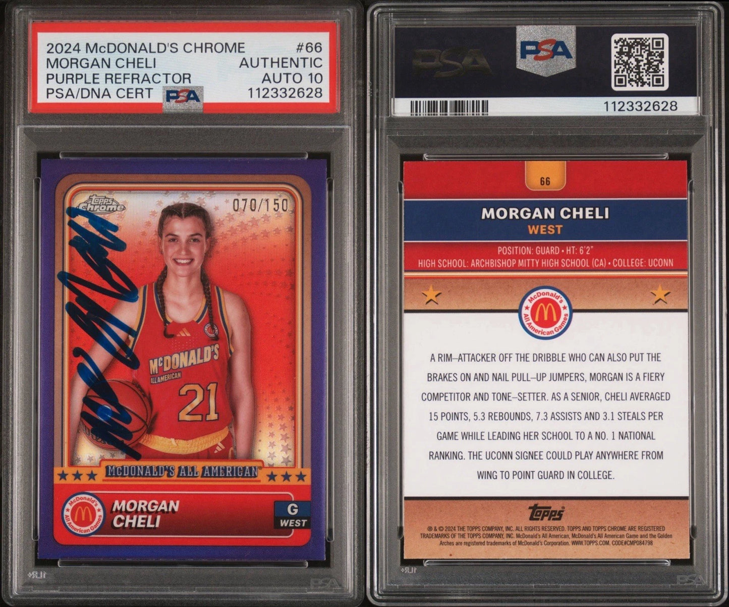 Morgan Cheli Autographed/Signed 2024 Topps Chrome McDonald's All-American Purple Refractor /150 PSA 10 Auto!