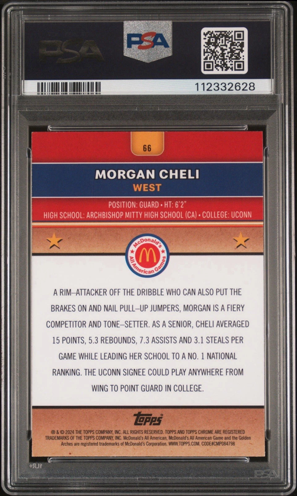 Morgan Cheli Autographed/Signed 2024 Topps Chrome McDonald's All-American Purple Refractor /150 PSA 10 Auto!