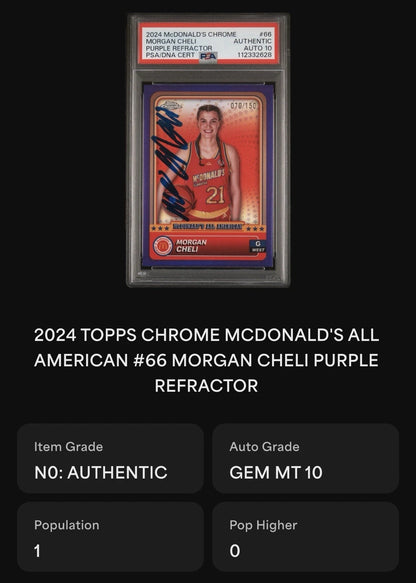 Morgan Cheli Autographed/Signed 2024 Topps Chrome McDonald's All-American Purple Refractor /150 PSA 10 Auto!