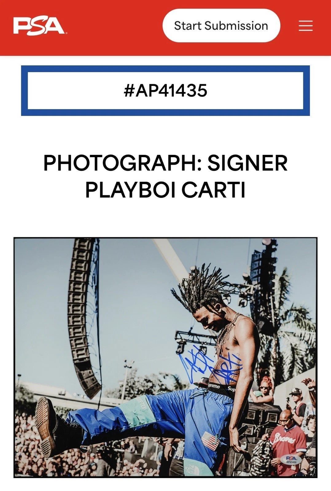 Playboi Carti Autographed/Signed 11x14 Photo PSA Custom Mat 16x20 Framed!