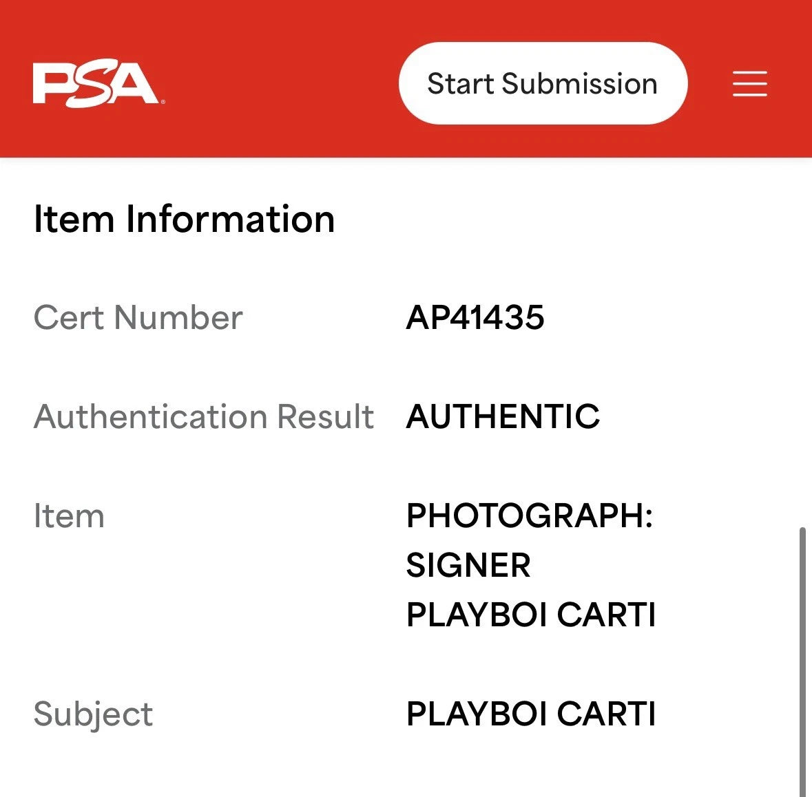 Playboi Carti Autographed/Signed 11x14 Photo PSA Custom Mat 16x20 Framed!